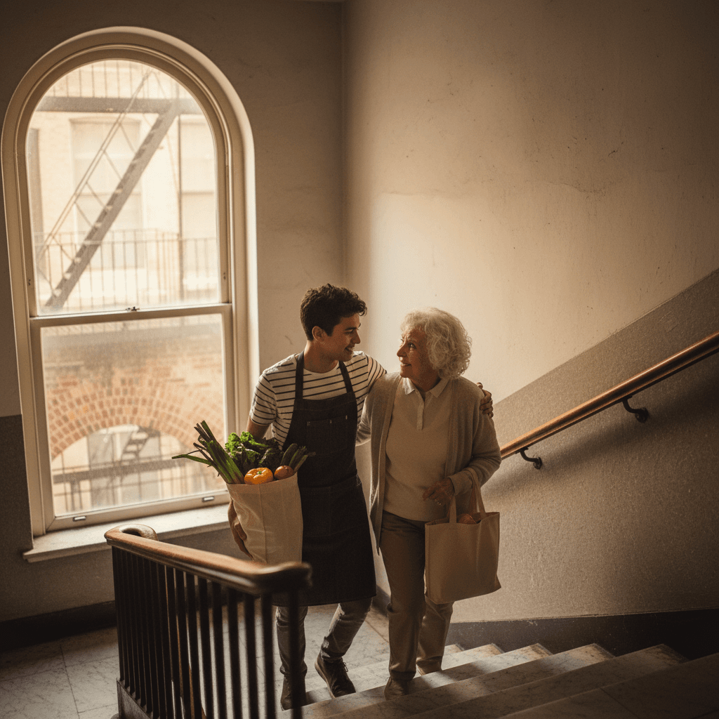 Person helping a neighbor carry groceries up apartment stairs