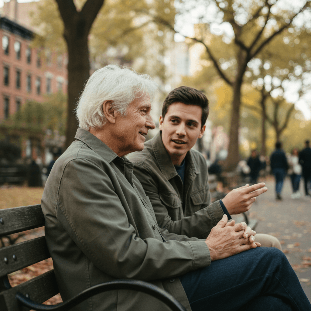 Younger person listening and spending time with an elderly neighbor in a park