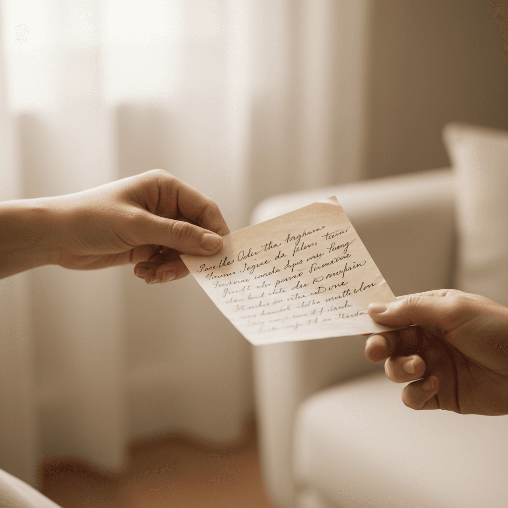 Hands exchanging a handwritten note of encouragement