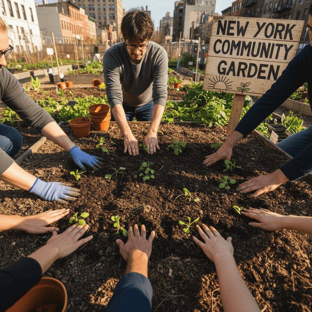Hands working together to plant seedlings in a community garden