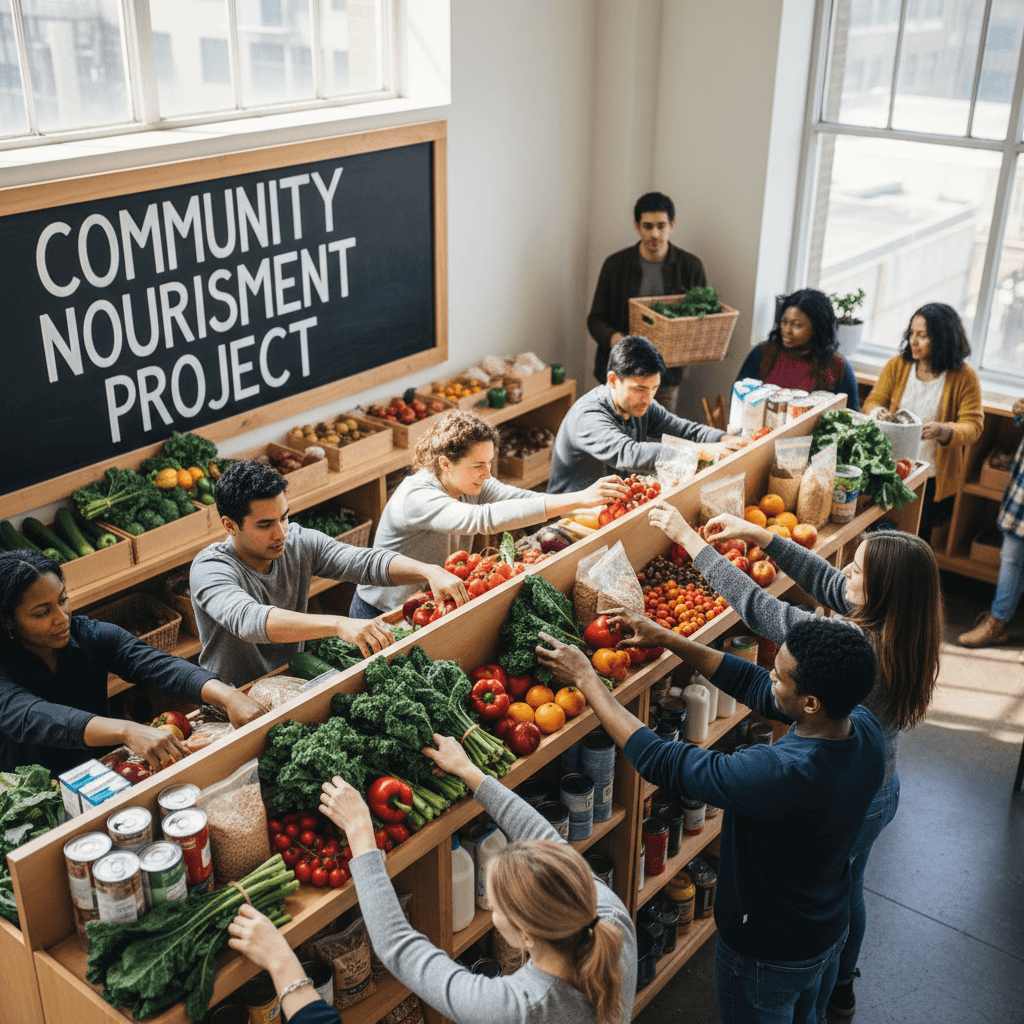 Volunteers organizing groceries at a community food shelf