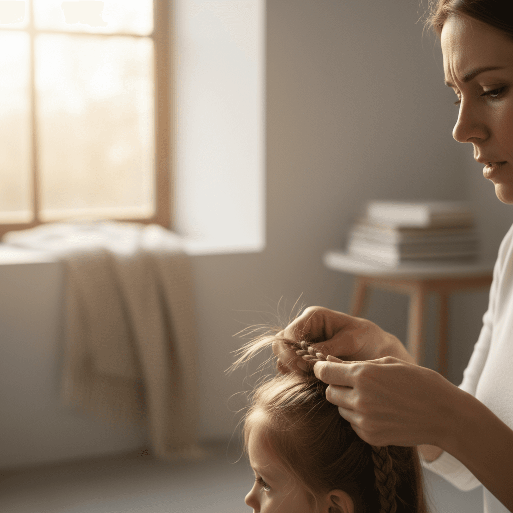 Hands braiding a child's hair with patient, loving attention