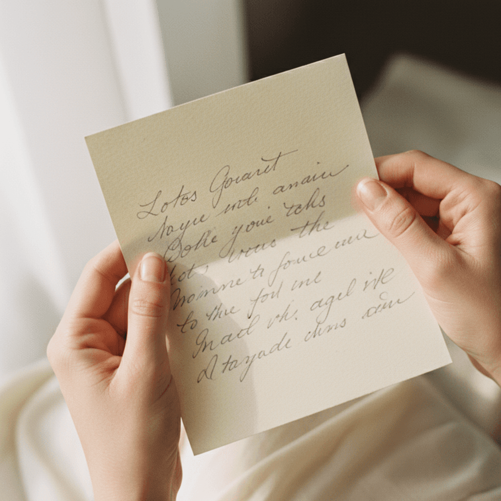 Close-up of hands gently holding a handwritten love letter with soft natural window light illuminating the paper texture